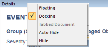 A context window showing floating, docking, or hide options